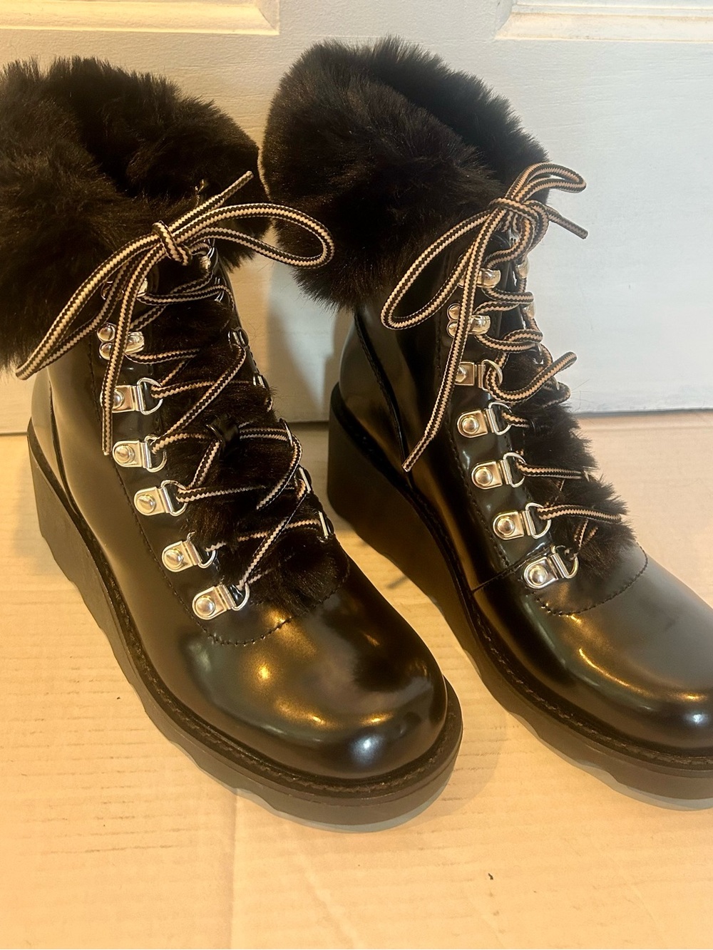 INC International Concepts Black Faux-Fur Lace-Up Platform Boots